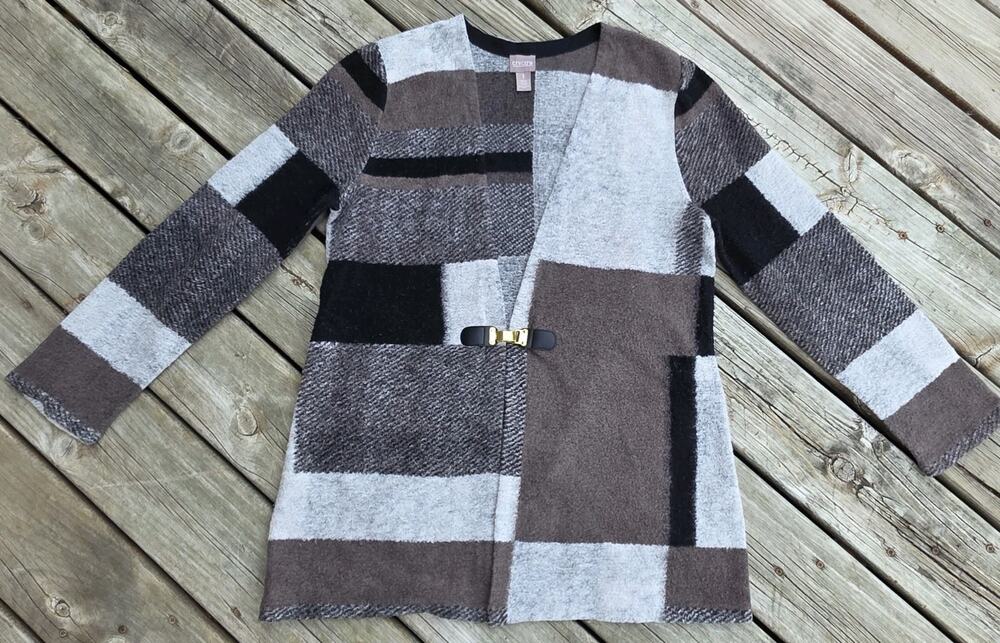 Chico's Cardigan Sweater Womens Size 1 Medium Nuetral Patchwork